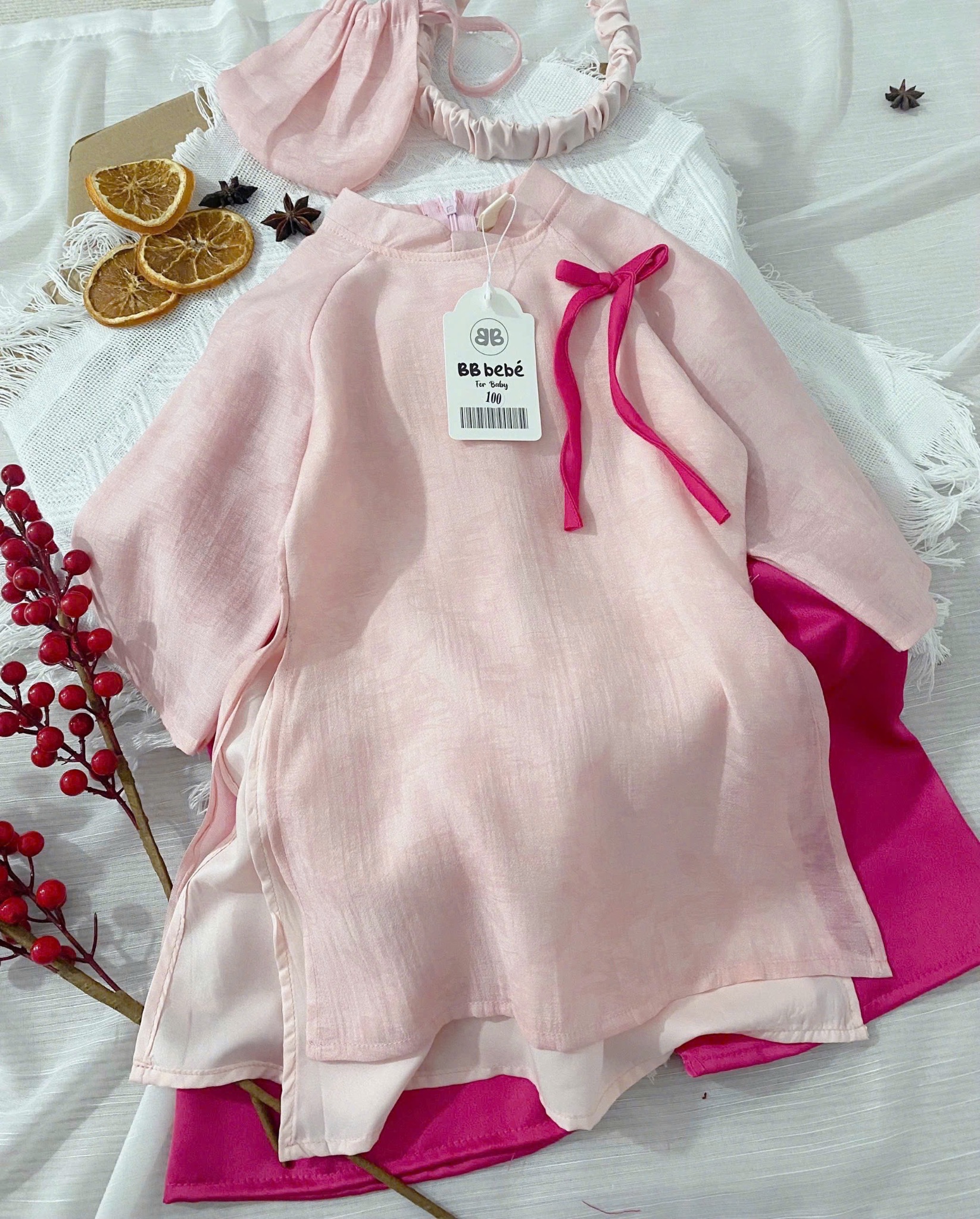 Áo dài 2 lớp màu hồng cho bé gái