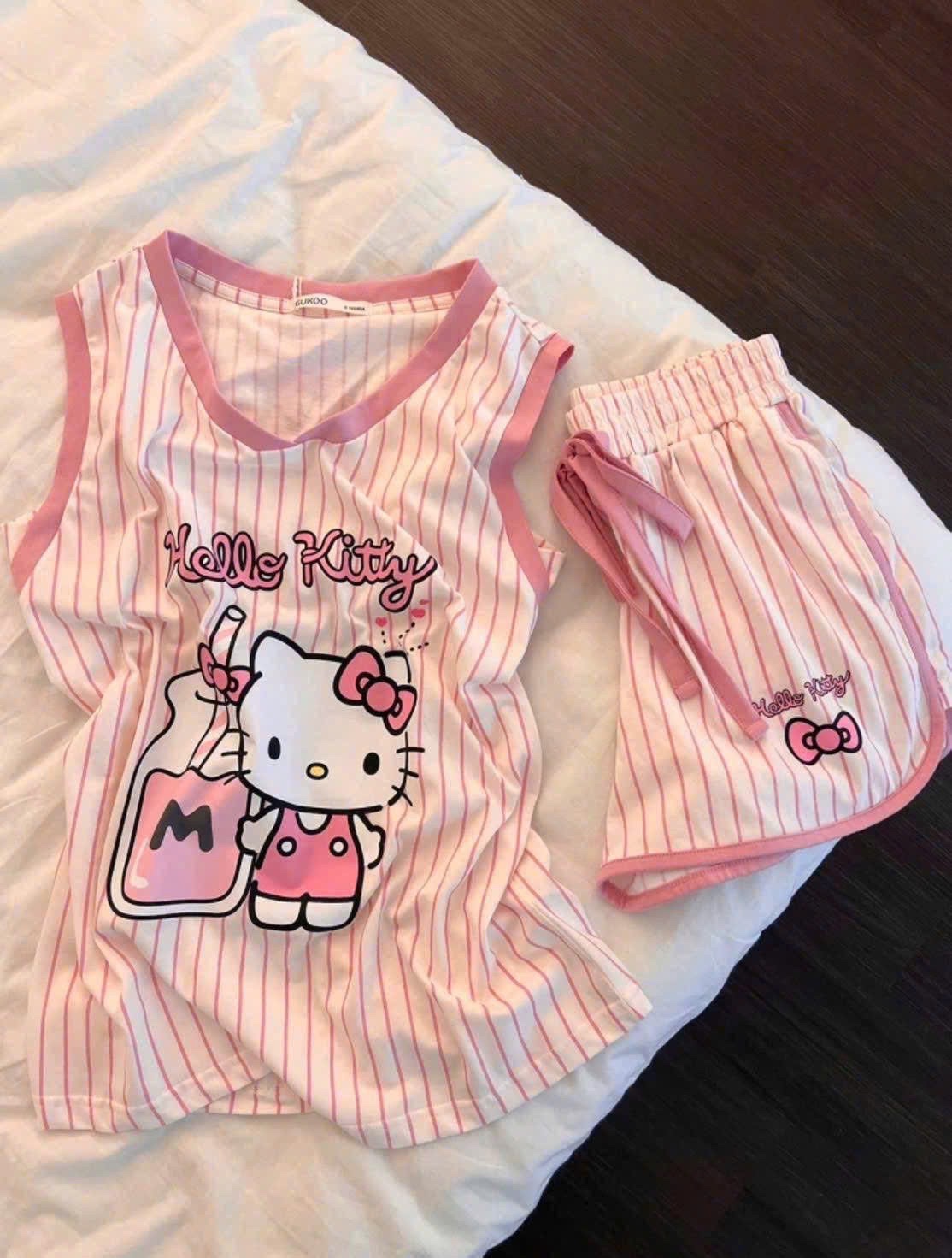 Set hello kitty tone hồng cổ chữ V kẻ sọc(40/70kg)