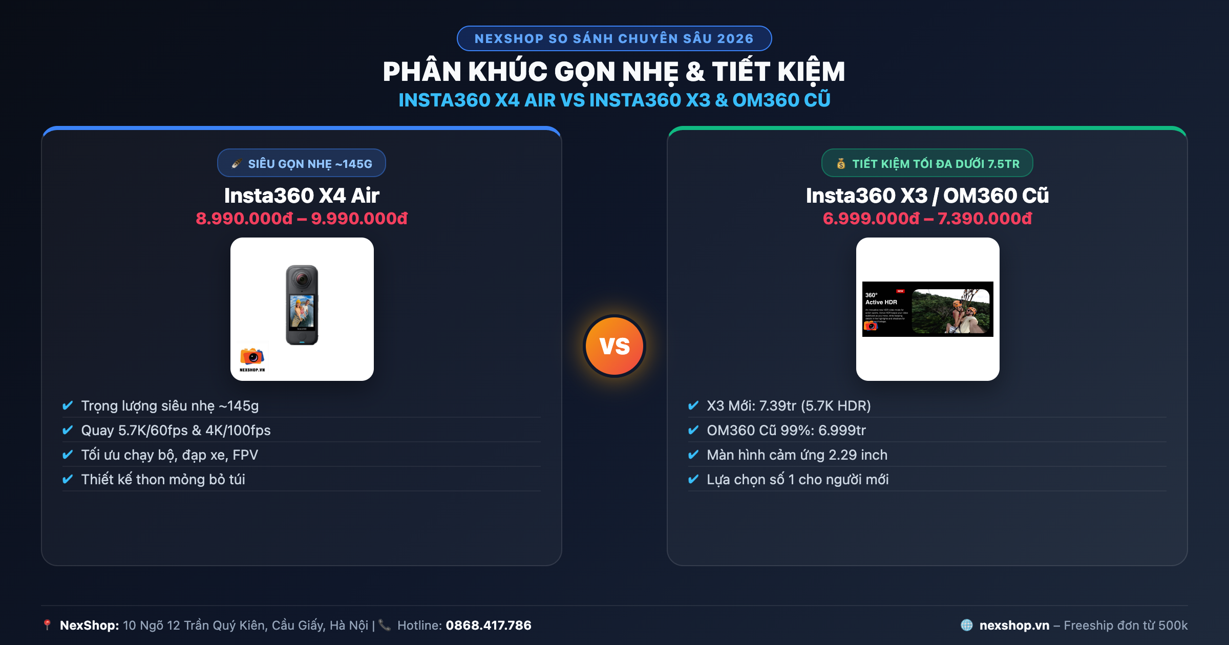 So sánh đối đầu phân khúc gọn nhẹ và tiết kiệm: Insta360 X4 Air vs X3 và OM360 Cũ