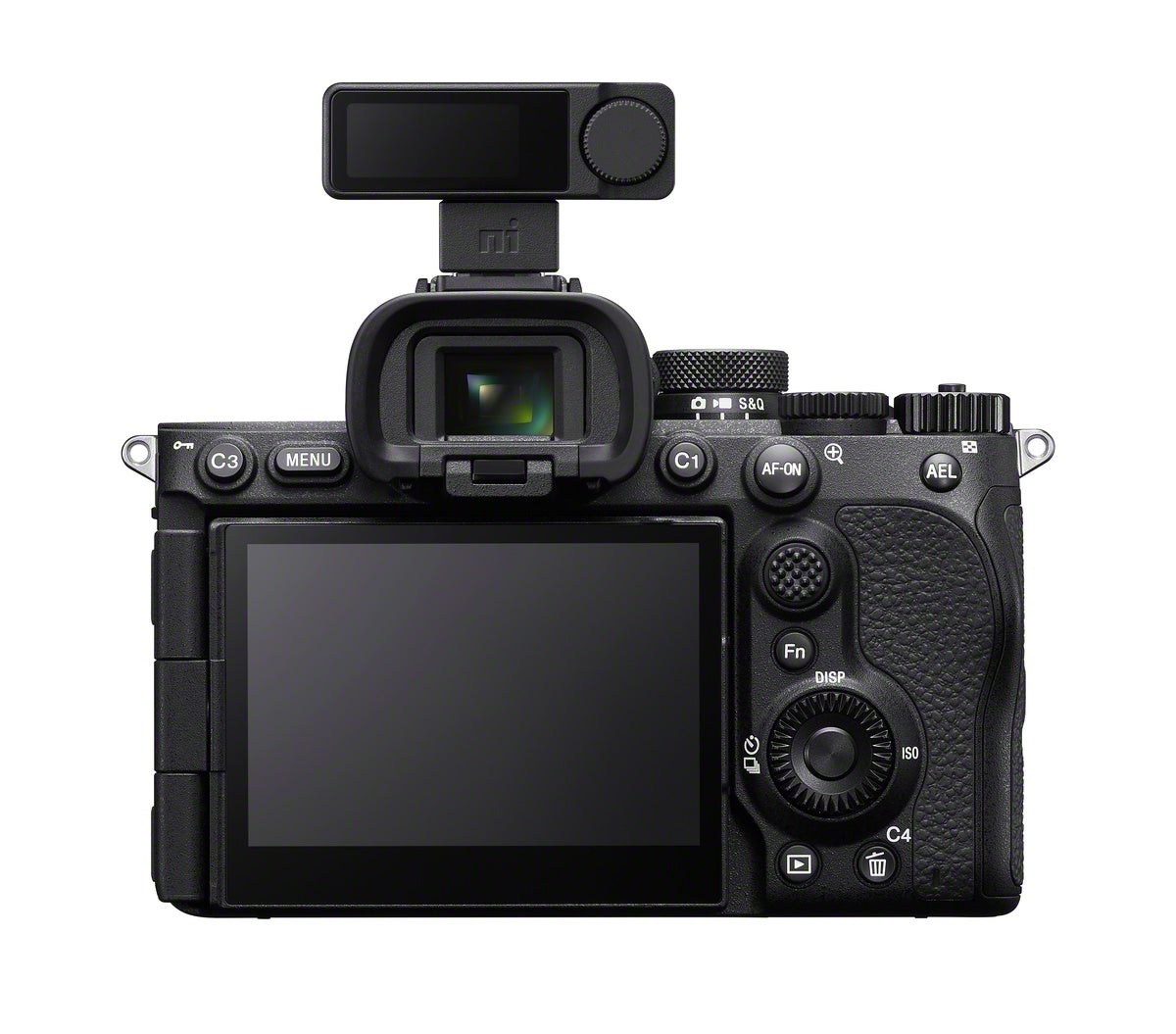 Bộ thu không dây Sony ECM-W5R gắn trên chân MI Shoe máy ảnh Sony Alpha hiển thị màn hình cảm ứng và vòng xoay điều khiển