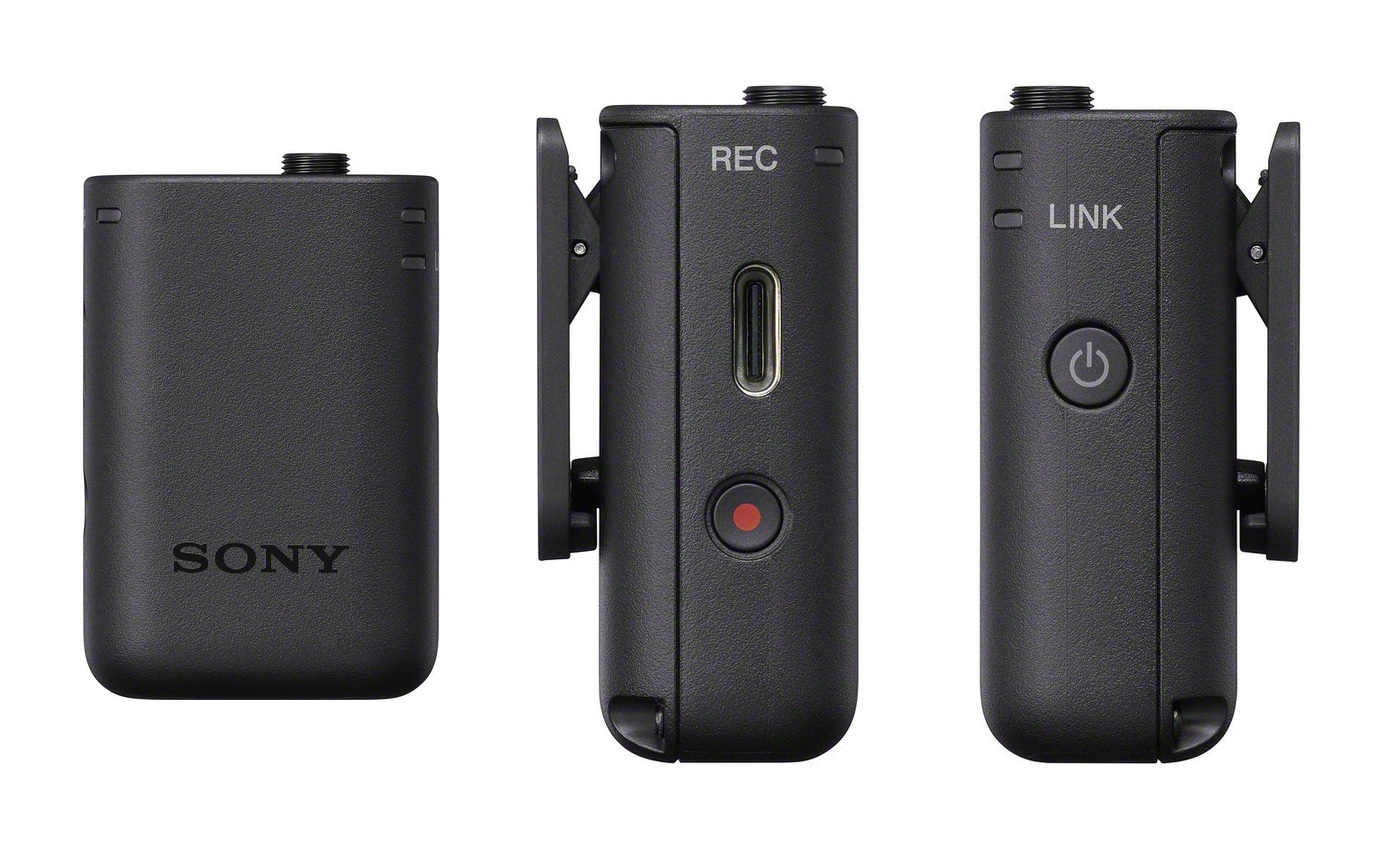 Ba góc nhìn chi tiết bộ phát micro không dây Sony ECM-W5T với nút REC màu đỏ, cổng USB-C và nút nguồn