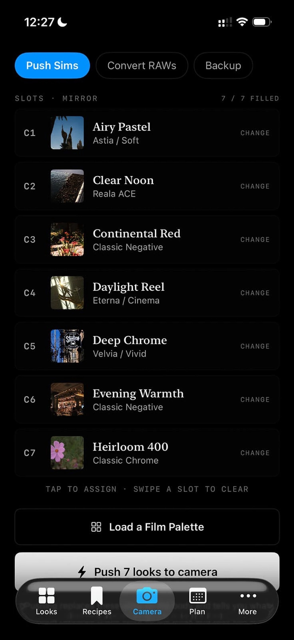 Giao diện bảy slot công thức màu tùy chỉnh C1 đến C7 trên Huginn App