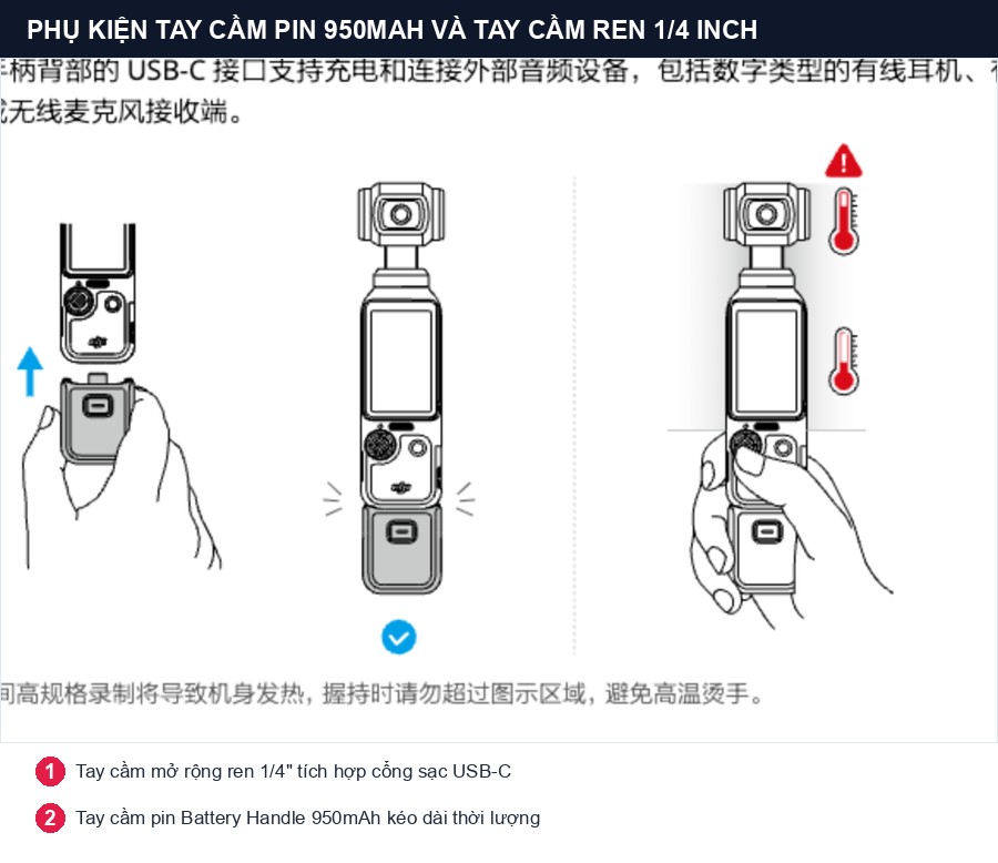 Tay cầm pin 950mAh và tay cầm ren 1/4 inch