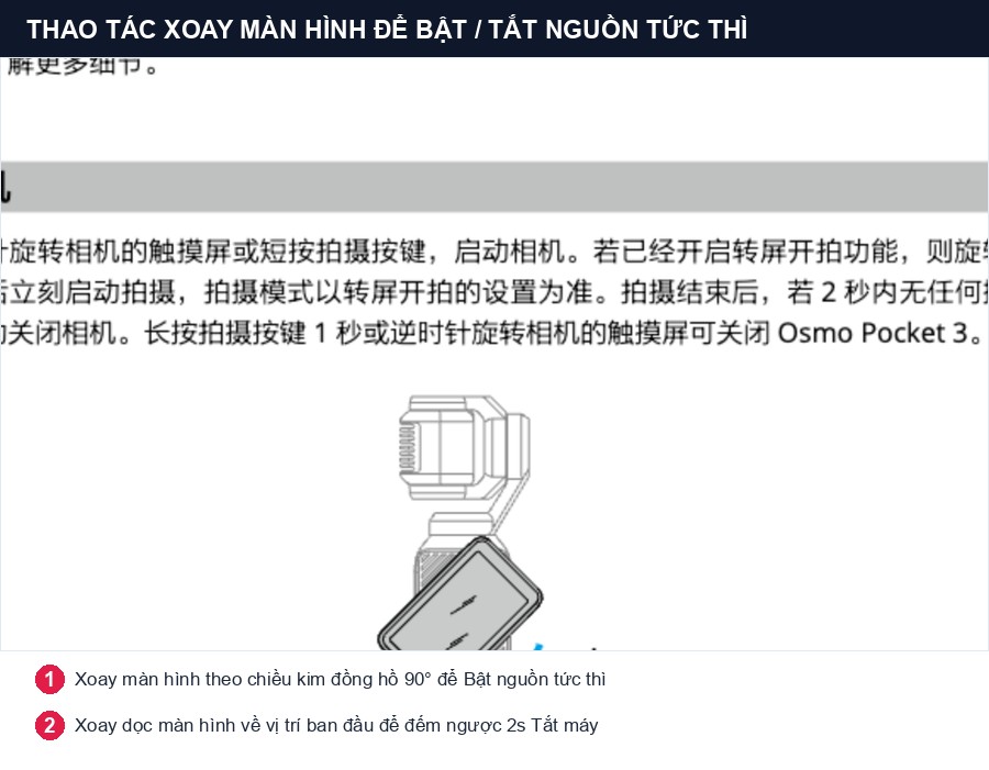 Thao tác xoay màn hình để bật và tắt máy DJI Osmo Pocket 3