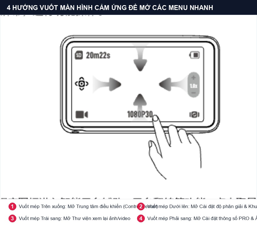 4 hướng vuốt màn hình cảm ứng trên DJI Osmo Pocket 3