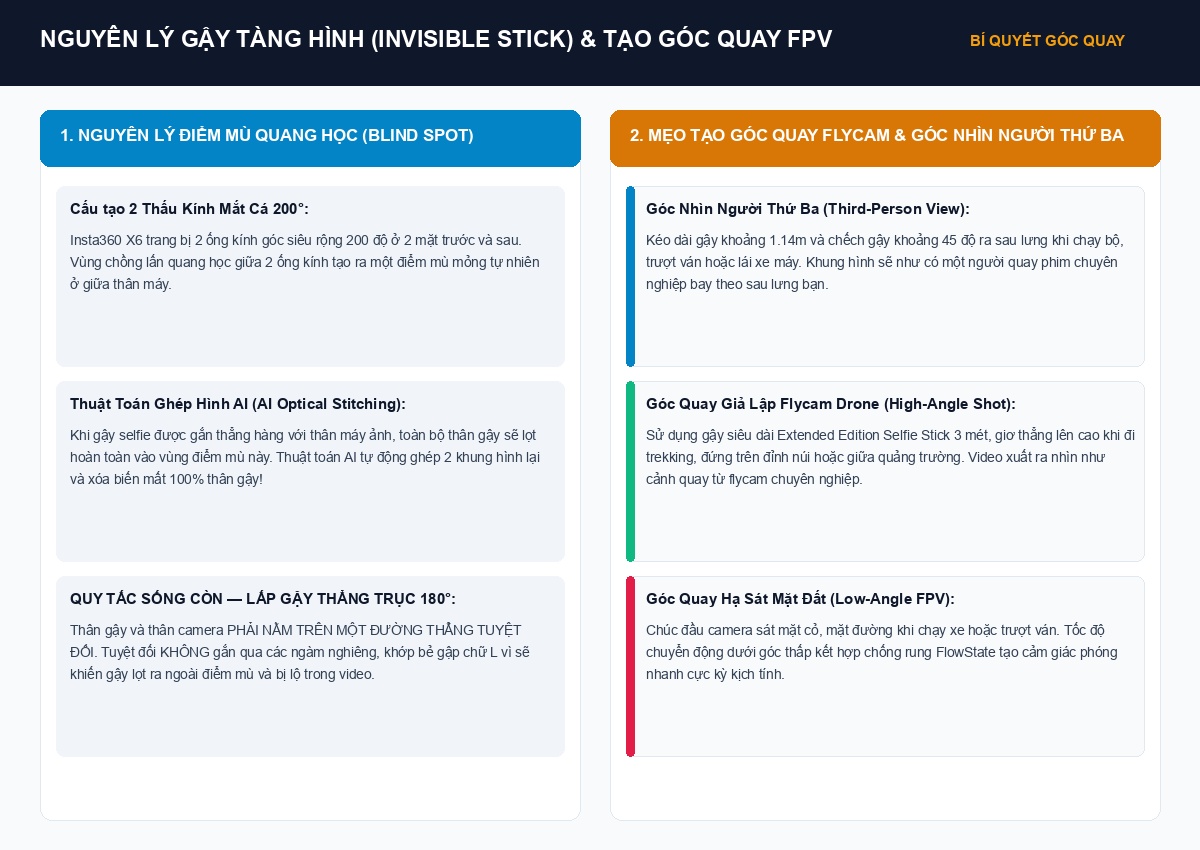 Bí quyết sử dụng gậy tàng hình Invisible Selfie Stick tạo góc quay Flycam FPV trên Insta360