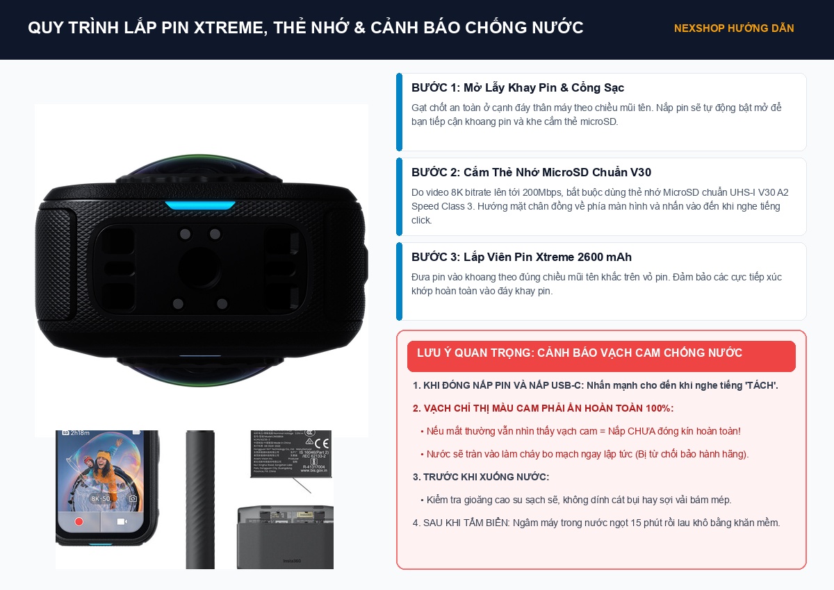 Cấu trúc khay pin gioăng kép và cảnh báo chống nước trên Insta360 X6 chính hãng