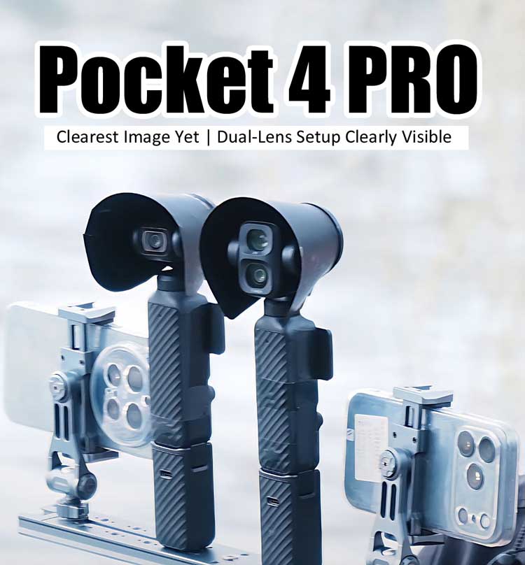 Lộ ảnh mặt trước DJI Pocket 4 Pro: lộ rõ cụm camera kép với zoom và ống kính ultra wide