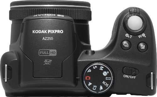 Mặt trên của máy ảnh Kodak Pixpro AZ255 với bánh xe chuyển chế độ chụp PASM