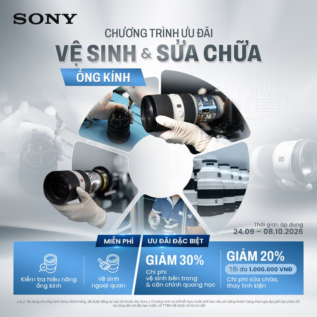 Poster chính thức chương trình ưu đãi vệ sinh và sửa chữa ống kính Sony Alpha