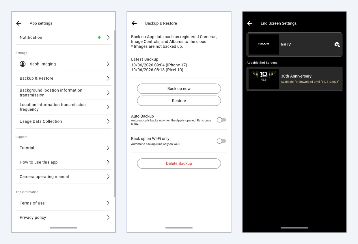 Giao diện đăng nhập tài khoản RICOH GR ID, sao lưu đám mây Backup and Restore và cài đặt màn hình tắt máy End Screen Settings trên GR WORLD 2.0