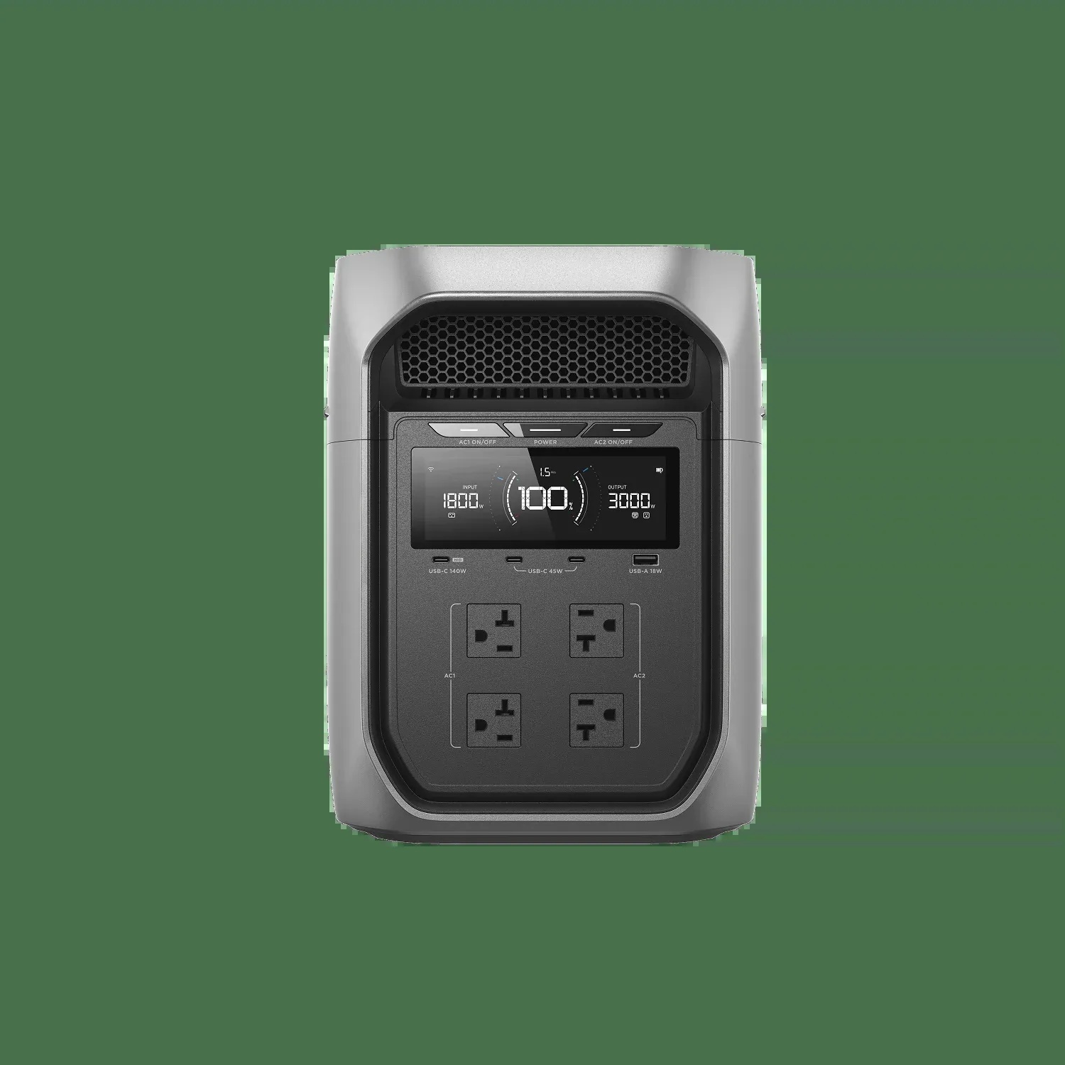 Mặt trước EcoFlow DELTA 3 Max Plus với màn hình LCD sắc nét và các cổng sạc nhanh USB-C 140W