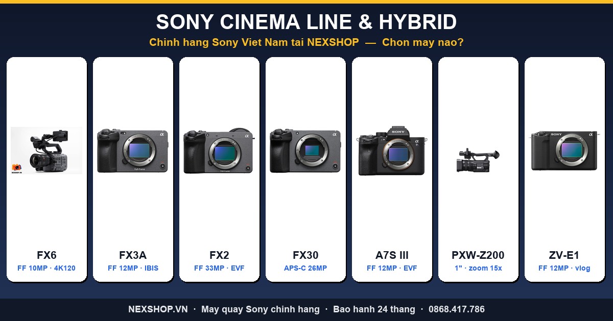 So sánh Sony Cinema Line và Hybrid: FX6, FX3A, FX2, FX30, A7S III, PXW-Z200, ZV-E1