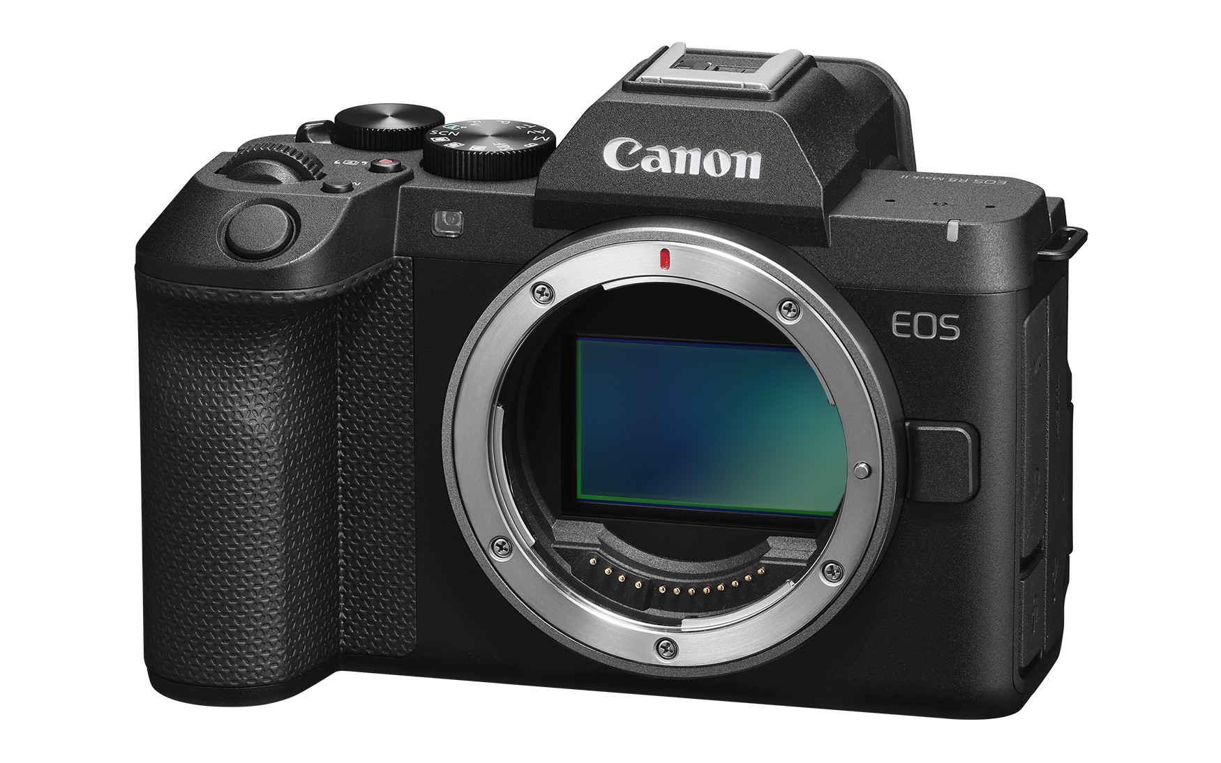 Canon EOS R8 Mark II góc nghiêng 3/4 với thiết kế Retro phẳng và cần joystick hiện đại