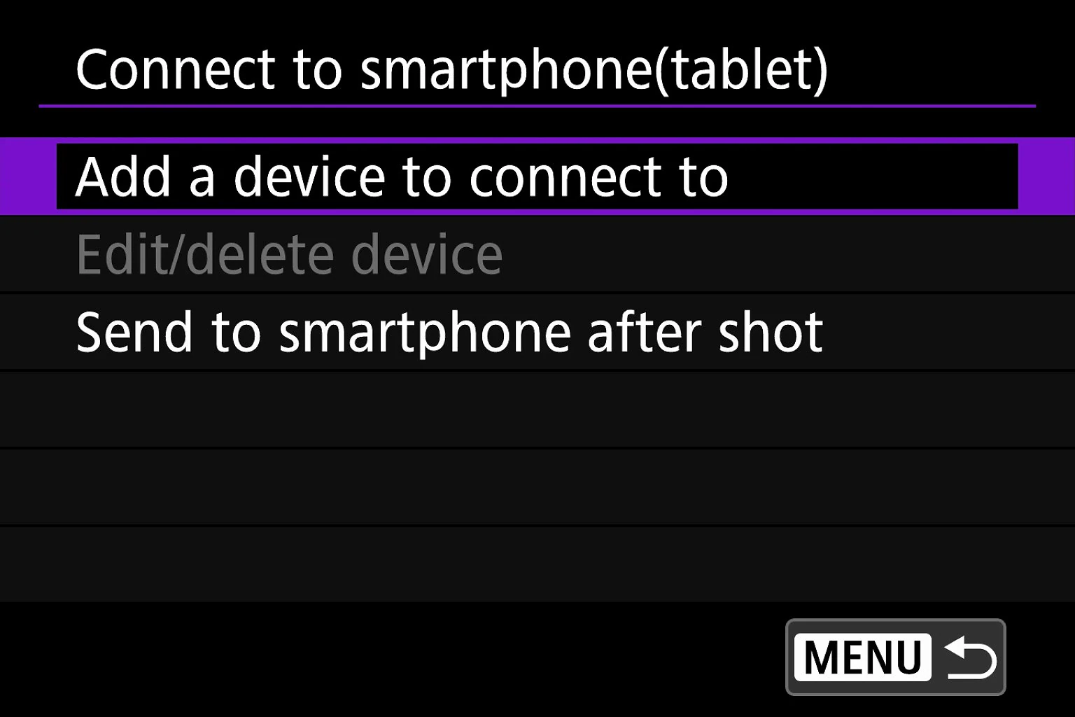 Menu trên máy ảnh Canon với tùy chọn thêm thiết bị để kết nối smartphone