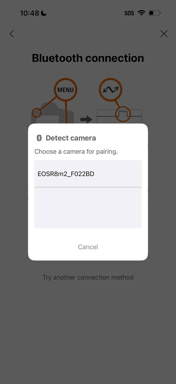 Hộp thoại ghép nối Bluetooth trên ứng dụng Canon Camera Connect