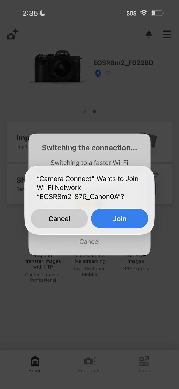 Thông báo xác nhận kết nối mạng Wi-Fi của máy ảnh trên hệ điều hành iOS