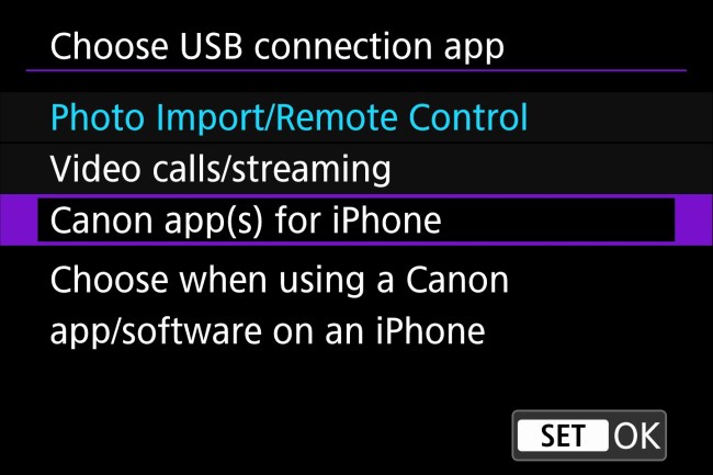 Menu thiết lập ứng dụng kết nối USB trên máy ảnh Canon EOS R