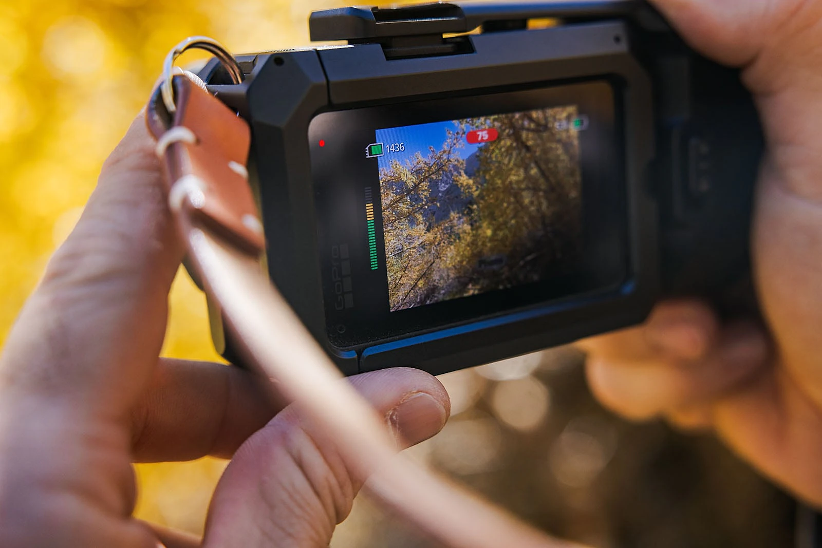 Người dùng cầm GoPro Mission 1 gắn tay cầm Point-and-Shoot chụp ảnh ngoài trời