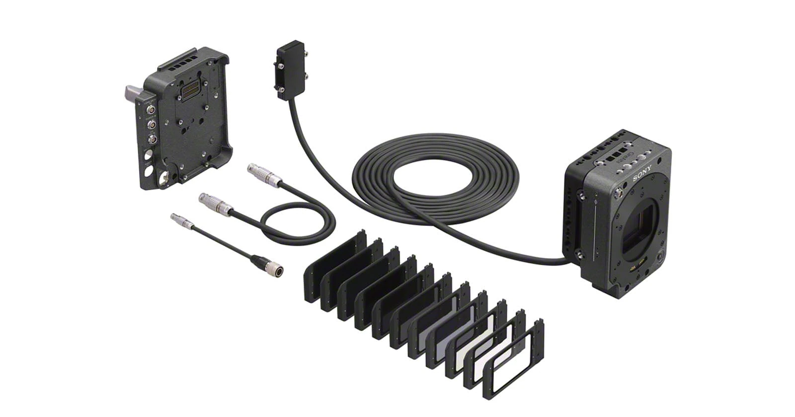 Trọn bộ phụ kiện hệ thống mở rộng Sony Rialto 65 gồm cáp nối và khay kính lọc ND