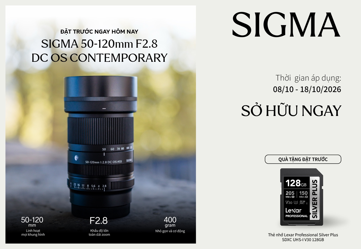 Đặt trước Sigma 50-120mm F2.8 DC OS Contemporary — quà Thẻ nhớ Lexar 128GB