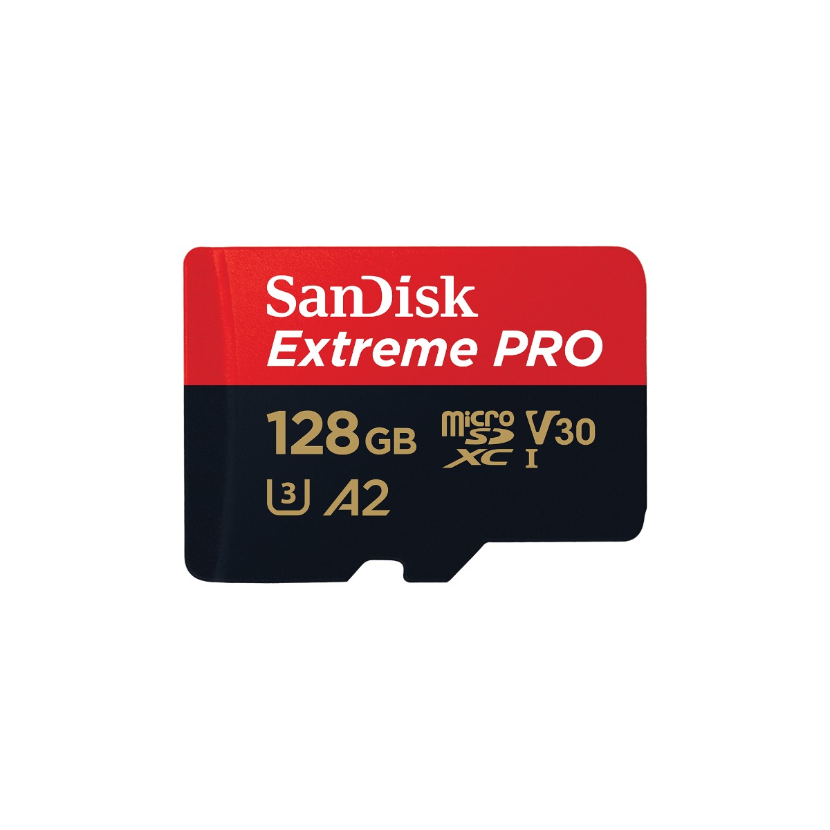 128GB SanDisk Extreme Pro microSDXC, V30, U3, C10, A2, UHS-I, 200MB/s R, 90MB/s W, SD adaptor.