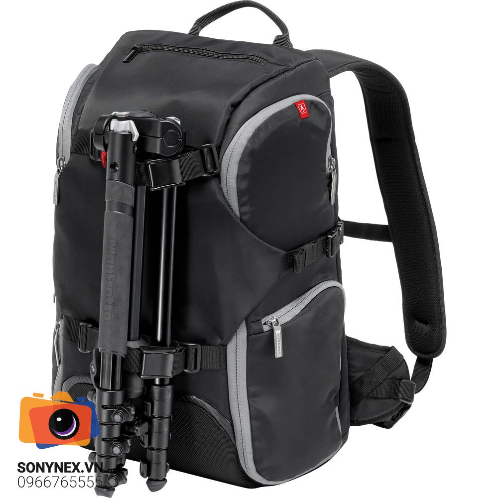 Balo máy ảnh Manfrotto Travel Backpack | Đen | Chính hãng - mặt sau và phụ kiện đi kèm