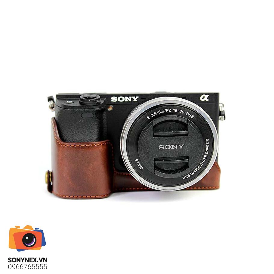 Bao da Sony A6000 A6100 A6300 A6400 - Halfcase Nâu Đậm | Chính hã - mặt sau và phụ kiện đi kèm