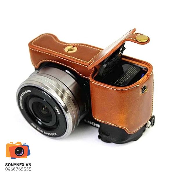 Bao Da Sony A6000/A6100/A6300/A6400 - Halfcase Nâu Nhạt | Chính H - cấu hình hộp sạc