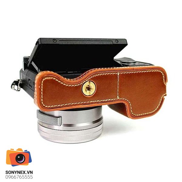 Bao Da Sony A6000/A6100/A6300/A6400 - Halfcase Nâu Nhạt | Chính H - mặt sau và phụ kiện đi kèm
