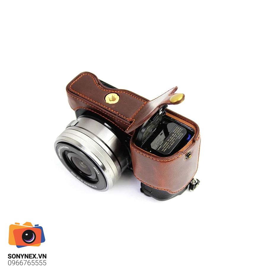 Bao da Sony A6000 A6100 A6300 A6400 - Halfcase Nâu Đậm | Chính hã - cấu hình hộp sạc