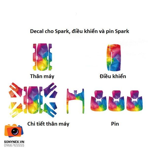 Bộ decal DJI Spark + Remote + 3 pin | Chính hãng - mặt sau và phụ kiện đi kèm