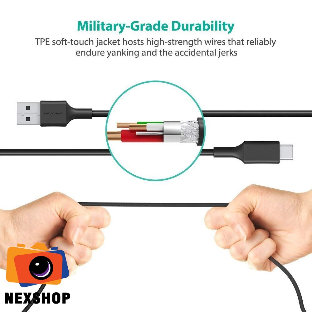 Dây USB-C RAVPower 1.8M | Chính hãng - mặt sau và phụ kiện đi kèm