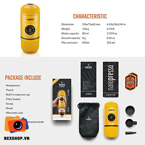 Máy Pha Cafe Cầm Tay Wacaco NanoPresso | Màu Vàng | Chính hãng - mặt sau và phụ kiện đi kèm