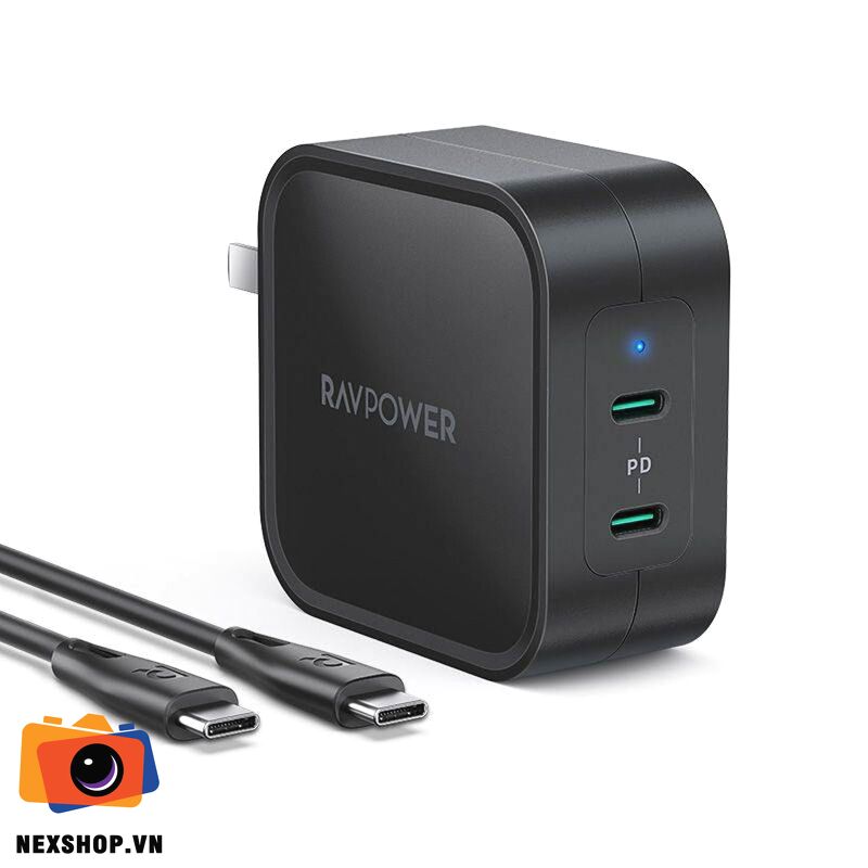 Cục sạc gắn tường 90W RAVPower PD Pioneer 2-port RP-PC128 kèm 1 dây USB-C sang USB-C | Chính hãng