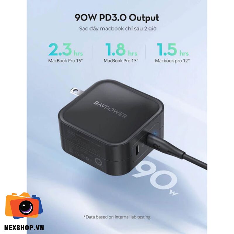 Cục sạc gắn tường 90W RAVPower PD Pioneer 2-port RP-PC128 kèm 1 dây USB-C sang USB-C | Chính hãng