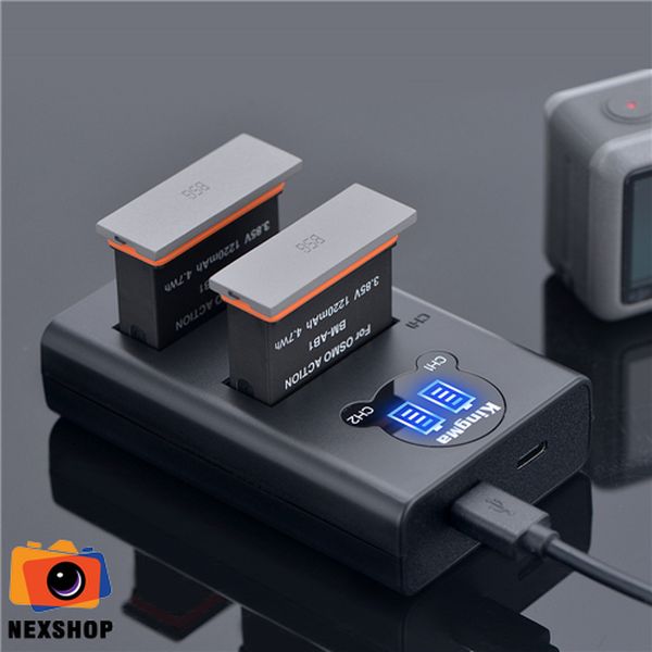 Bộ pin sạc Kingma cho DJI OSMO Action | 2 pin + sạc đôi | Chính h - mặt sau và phụ kiện đi kèm