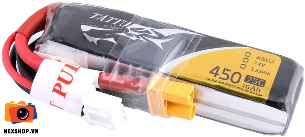 Tattu 450mAh 7.4V 75C 2S1P Long Size Pack | Chính hãng - mặt sau và phụ kiện đi kèm