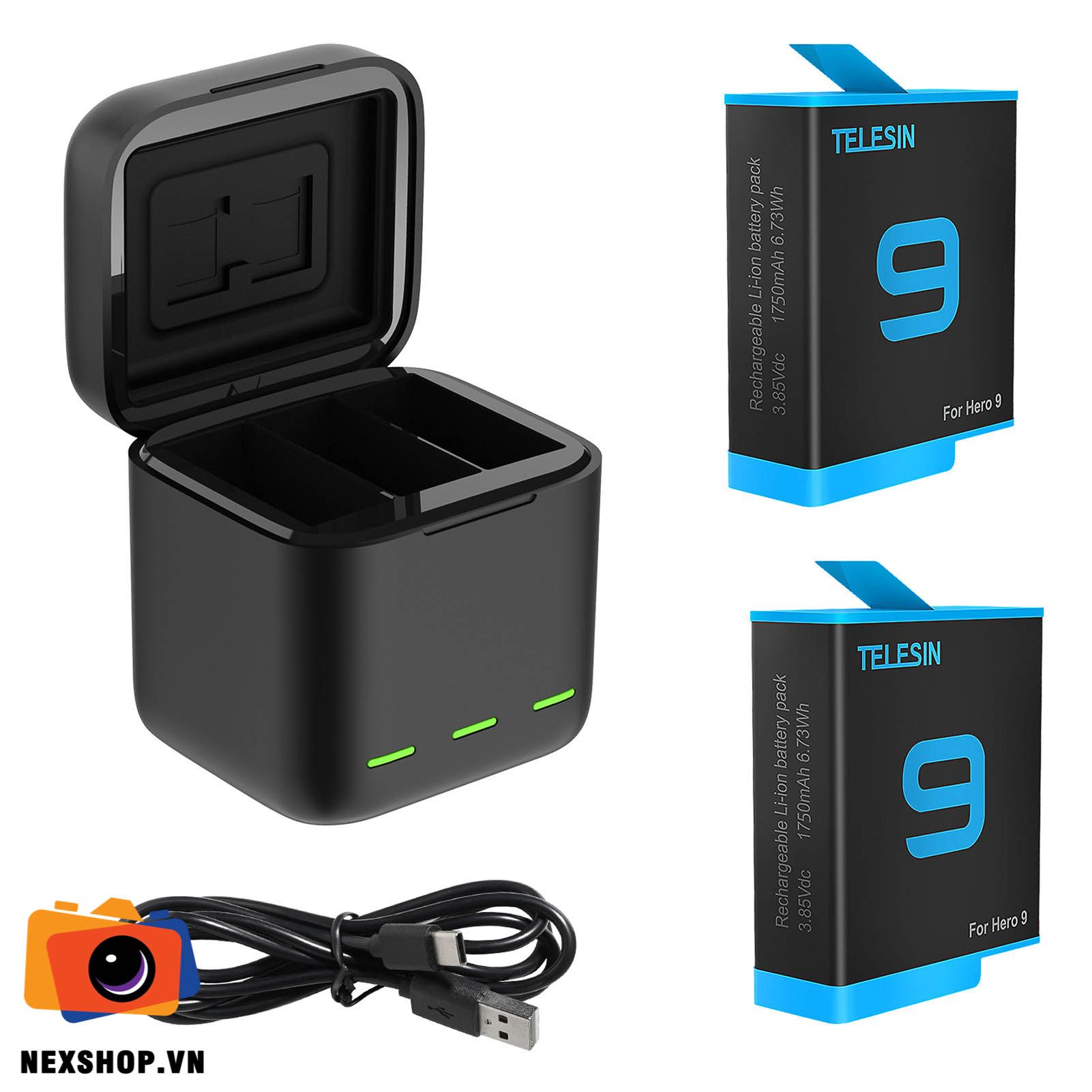 Cốc sạc kèm 2 Pin Lithium Gopro 10 / Gopro 9 Chính hãng Telesin