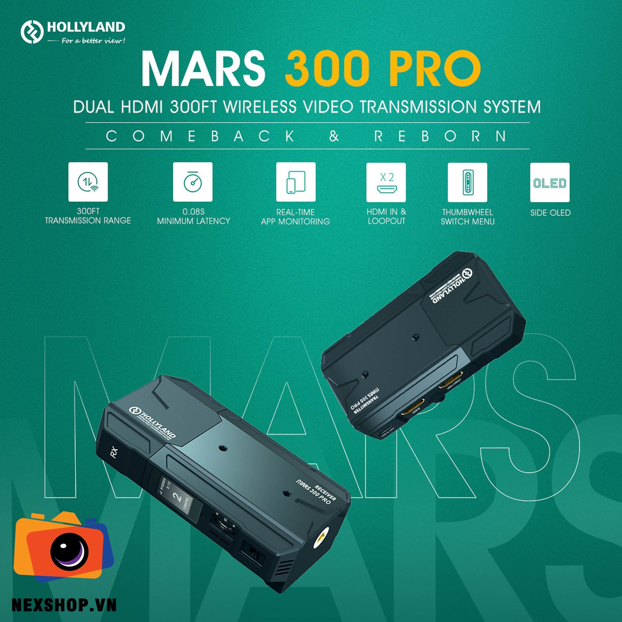 MARS 300 PRO Single TX – Bộ phát đơn không dây Hollyland với vòng lặp HDMI cho máy ảnh DSLR 300ft Phạm vi dài 0,08S Độ trễ thấp 1080P HD lên đến 3 APP Hệ thống truyền video giám sát