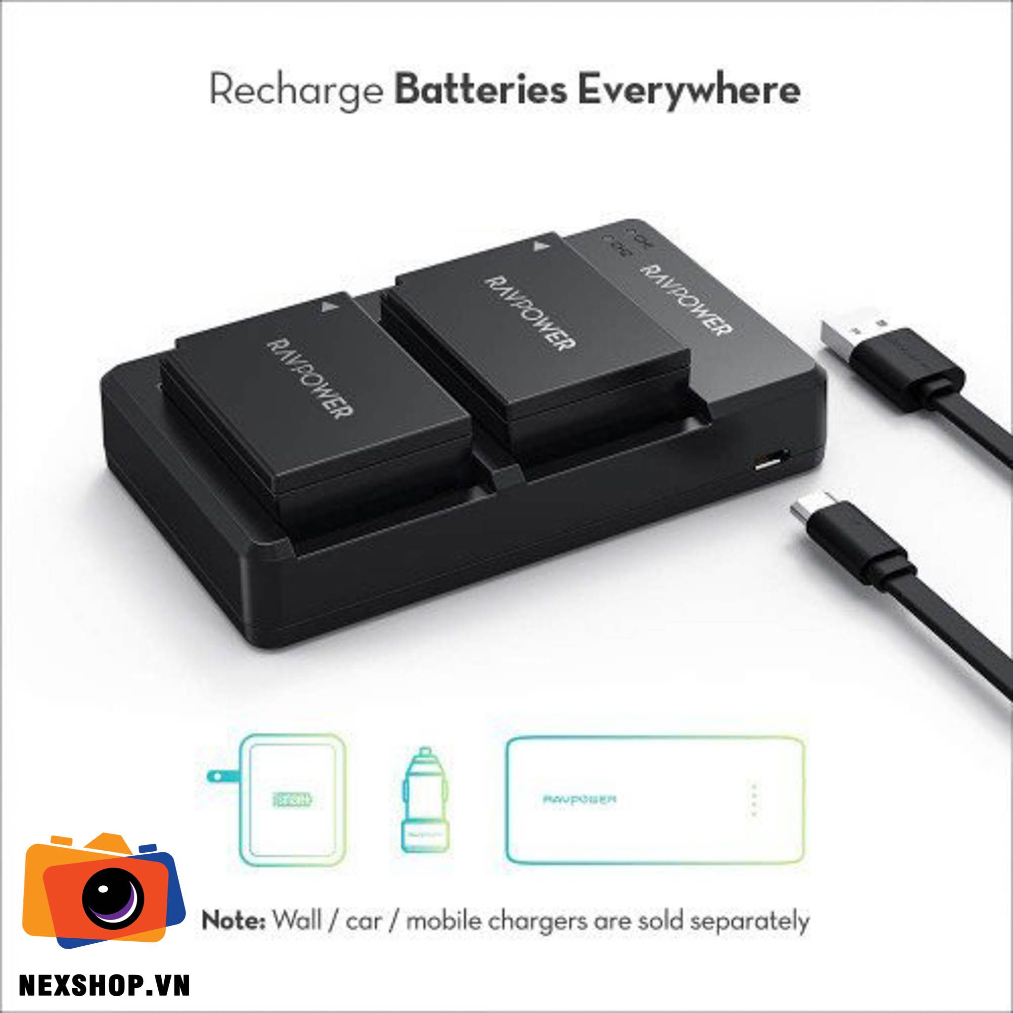 Bộ sạc đôi và 2 pin RAVPOWER W126s | Chính hãng - mặt sau và phụ kiện đi kèm