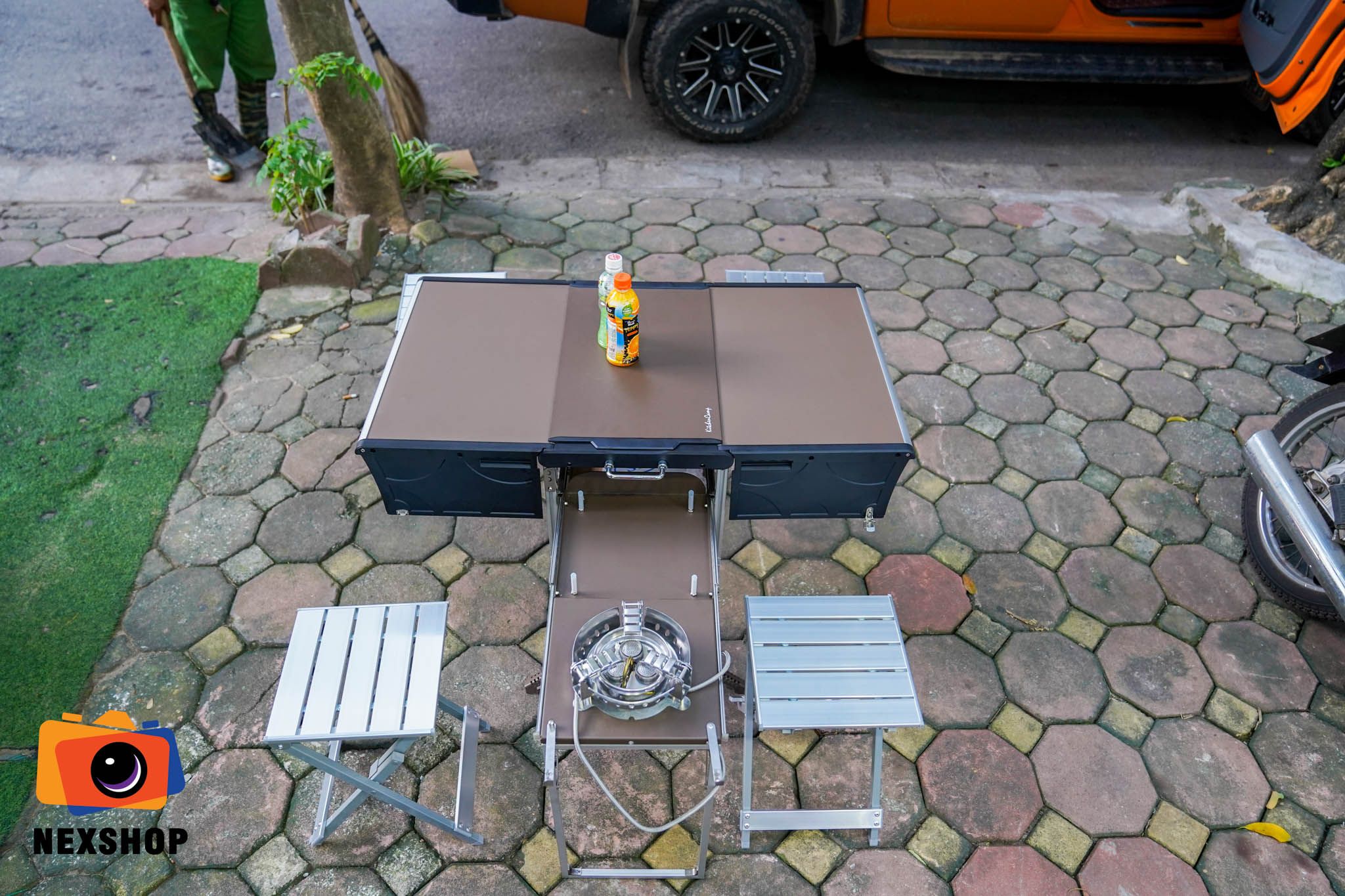 Bộ Bàn Bếp kèm 4 Ghế Nhôm All in One Kitchen Camp | Chính hãng - mặt sau và phụ kiện đi kèm