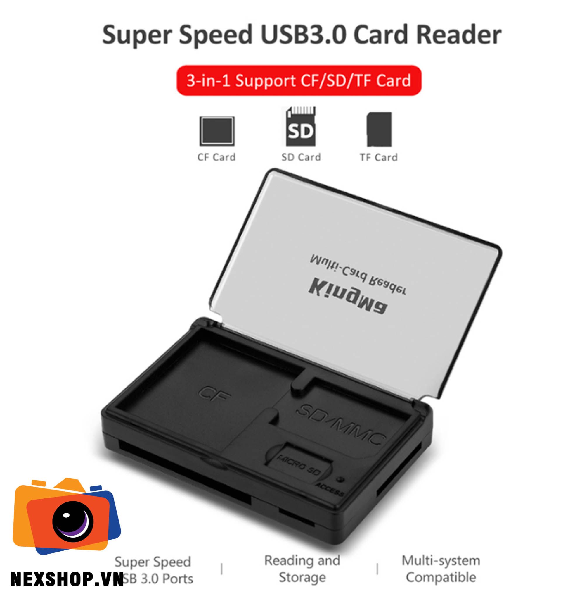 Đầu đọc thẻ 3-in-1 Card Reader USB 3.0 High Speed Support SD/CF/TF Card | Kingma