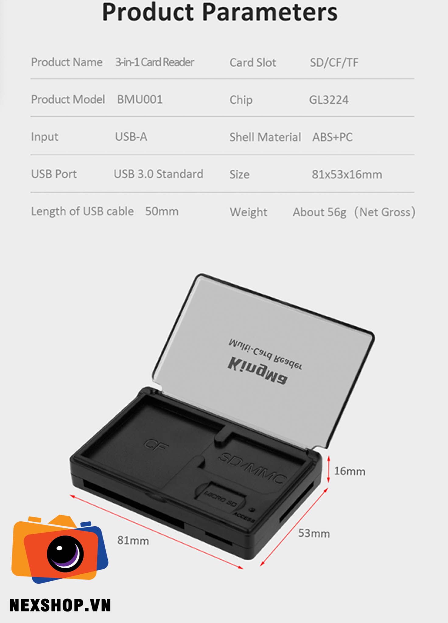 Đầu đọc thẻ 3-in-1 Card Reader USB 3.0 High Speed Support SD/CF/TF Card | Kingma