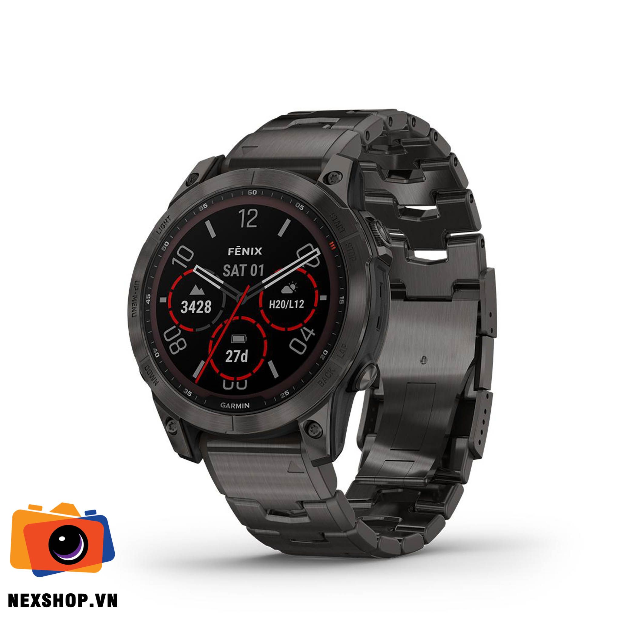 Đồng hồ thông minh Fenix 7 Sapphire, Màu xám Carbon phủ DLC viền Titanium với dây Titanium đục lỗ, Đồng hồ GPS, SEA | Chính hãng FPT