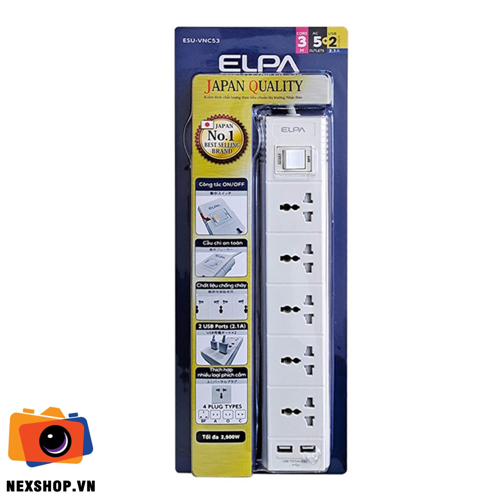 Ổ cắm điện ELPA ESU-VNC53 - 5 cổng AC - 2 cổng USB | Hàng chính hãng