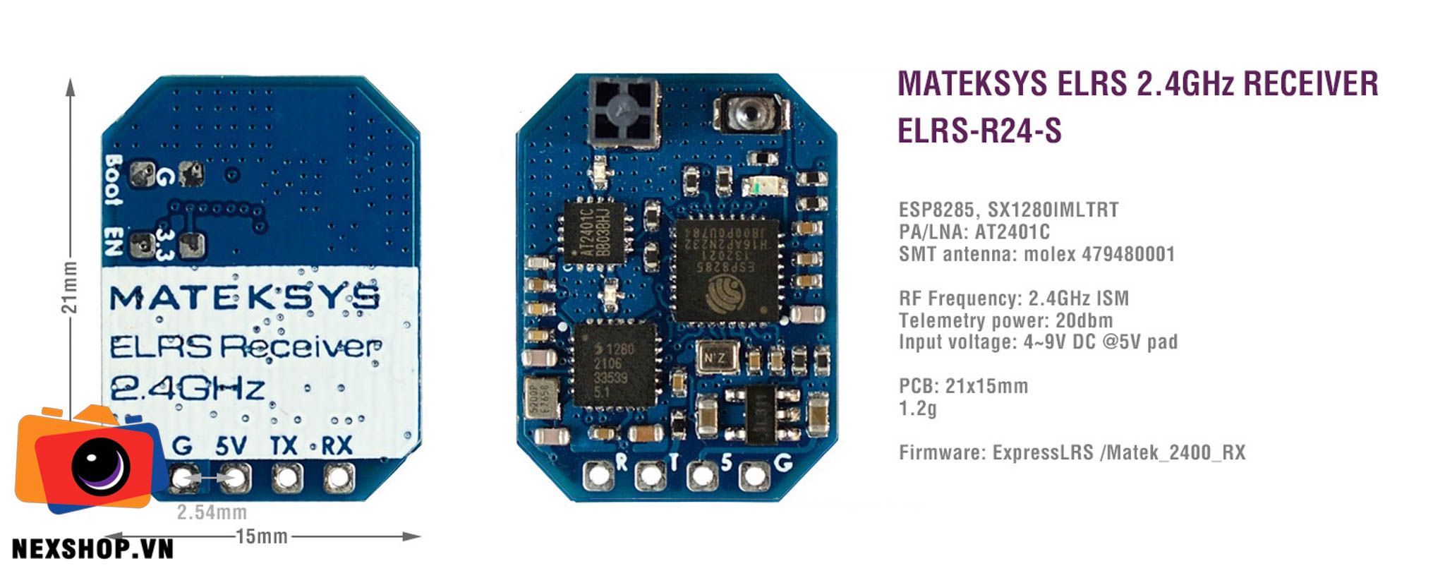 Mateksys ELRS 2.4G Receiver ELRS-R24-D | Chính hãng | Cao cấp - mặt sau và phụ kiện đi kèm