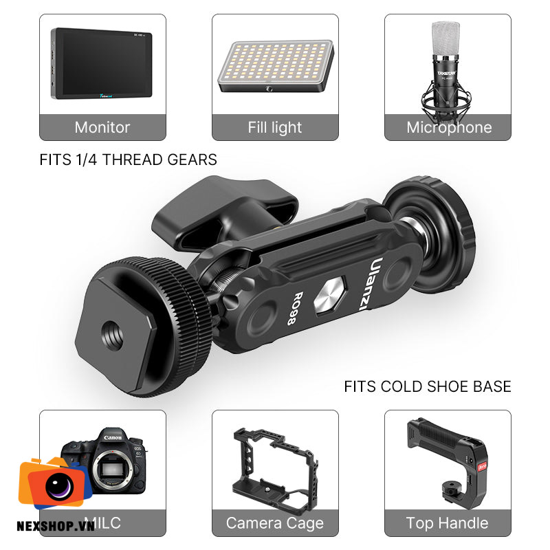 Ulanzi R098 Magic Arm with Cold Shoe Male Thread | Chính hãng - mặt sau và phụ kiện đi kèm