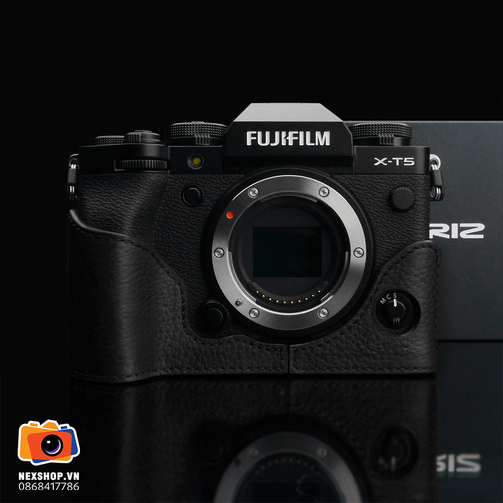 Bao da cho Fujifilm X-T5 | Màu đen | Chính hãng NexShop - mặt sau và phụ kiện đi kèm