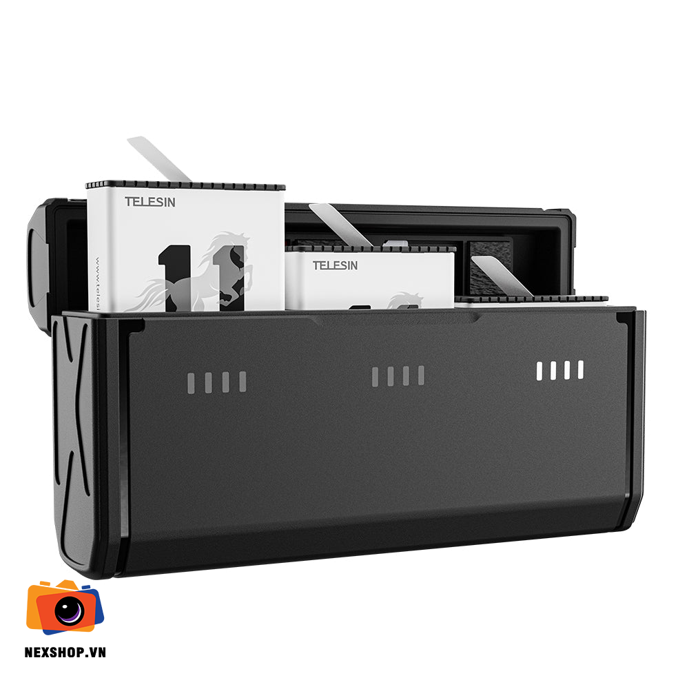 Hộp bảo vệ kiêm dock sạc Telesin cho GoPro 12/11/10/9 - Có đèn hi - mặt sau và phụ kiện đi kèm